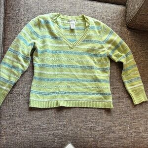 St. John's Bay Green and Blue Striped V-Neck Sweater
